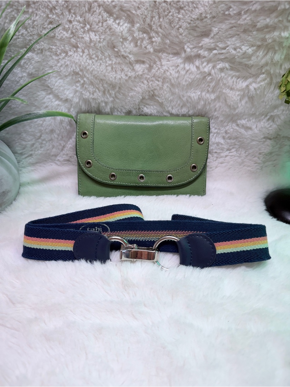 Green Eyelet Leather Card Organizer Clutch with Navy Rainbow Stripe Belt 🌈